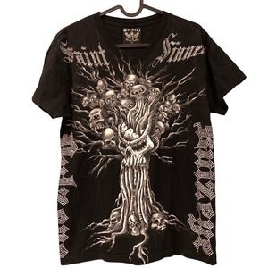 BULZEYE Black Label T Shirt Skull Tree Rhinestone Riders‎ Biker Graphic Men’s M